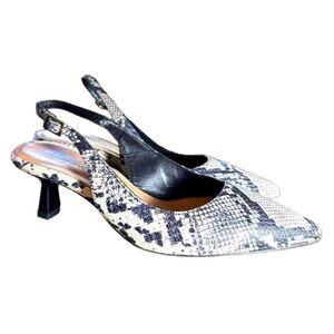 BEAUTIISOLES Slingback Mules 8 Pointed Toe Kitten Heel Elegant Snakeskin Grey